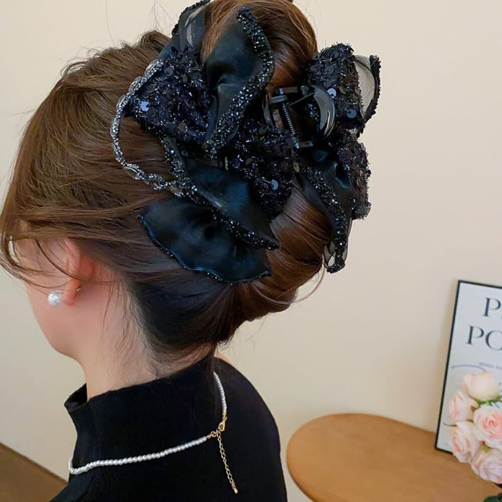 Gothic Satin Bow Hair Claw Clip Rhinestone Elegant Wedding Party Accessory